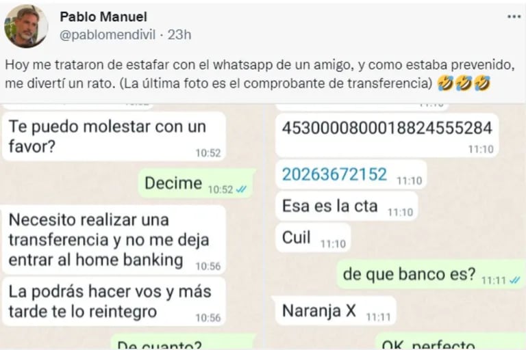 Quisieron estafarlo por WhatsApp, pero se dio cuenta y le siguió el juego  con una frase contundente - LA NACION