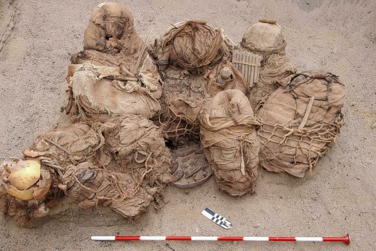 Hallaron los restos de ocho personas de unos 800 años de antigüedad, enterradas con alimentos e instrumentos musicales en una misma cámara funeraria mientras instalaban la red de tuberías de gas natural