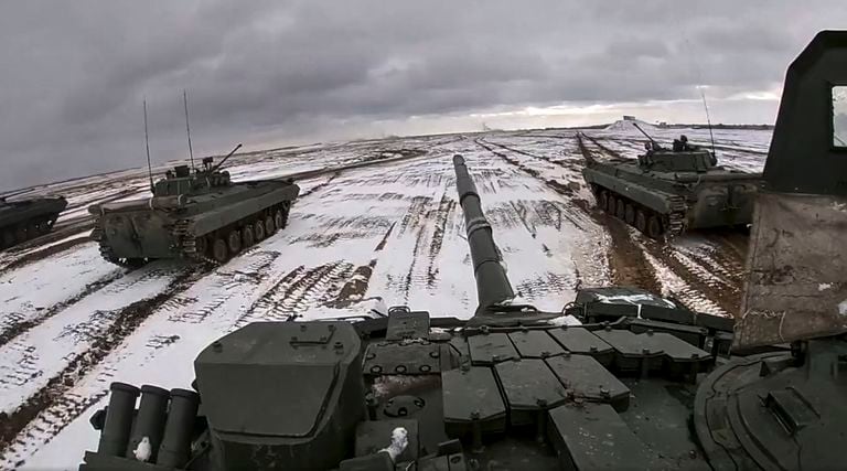 Russian and Belarusian tanks drive during joint military exercises at the Brestsky firing range, Belarus