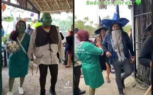 Una pareja de recién casados en México se disfrazaron de ogros y los invitados de brujas y magos (Crédito: Captura de video TikTok)