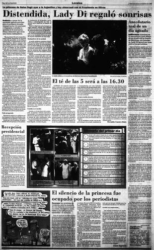 Todos los días de su visita, los medios cubrieron cada paso de Lady Di en la Argentina. Página 20 de LA NACION del 24 de noviembre de 1995