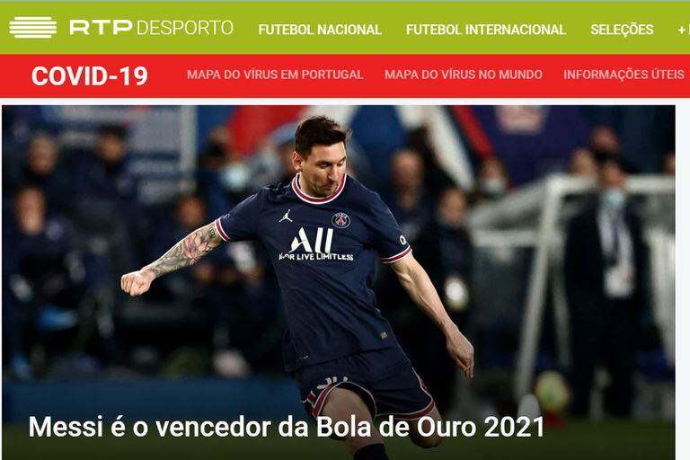 La portada de RTP, de Portugal, que da por confirmado el triunfo del argentino Lionel Messi en la compulsa por el Balón de Oro