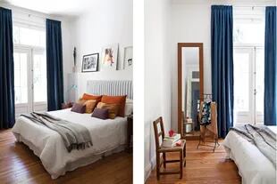 La paleta de colores del dormitorio surgió de una obra de Teresa Magrane, ubicada sobre la cabecera junto a otra de Luisa Freixas. Los tonos de azul varían en las cortinas (Gizadeco), el respaldo (LB) y la lámpara turquesa de la mesita de luz.