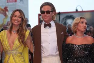 Olivia Wilde, Chris Pine y Florence Pugh en la presentación de No te preocupes, cariño en el Festival de Venecia