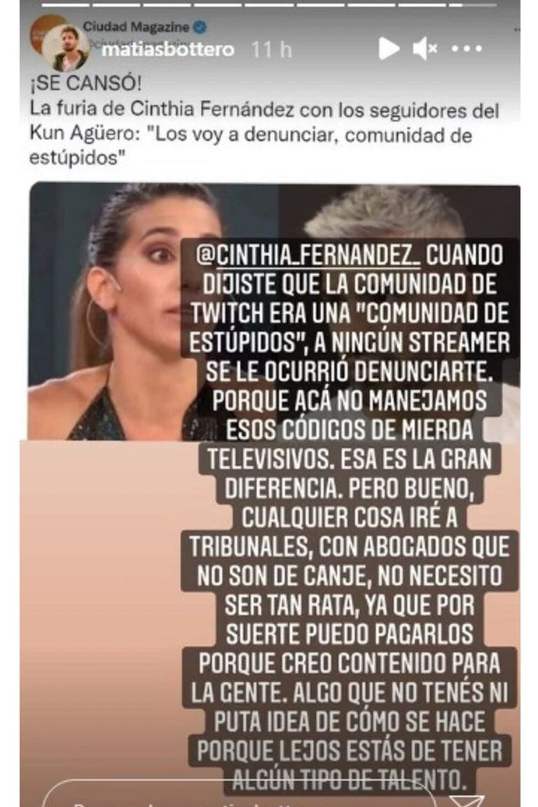 El youtuber increpó a Cinthia Fernández en sus historias y le recordó sus dichos sobre Twitch