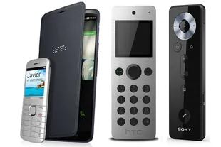 Alcatel One Touch Hero (pantalla de 6 pulgadas) con su manos libres, junto al HTC Mini+ y al Sony BRH10. No están a escala