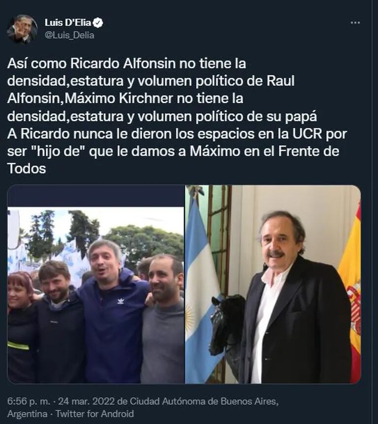 Luis D'Elia comparó a Ricardo Alfonsín con Máximo Kirchner y dijo que ambos no tienen la estatura de sus padres.