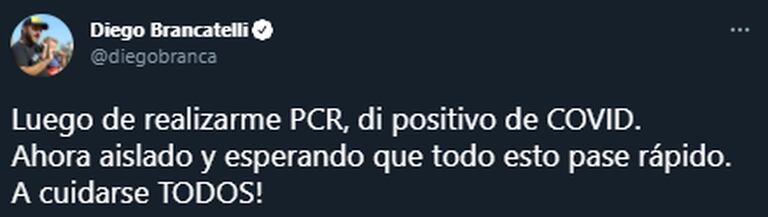 Diego Brancatelli se enteró de que tiene coronavirus este jueves, luego del programa Intratables, y lo comunicó en sus redes sociales horas después. Fuente: Twitter
