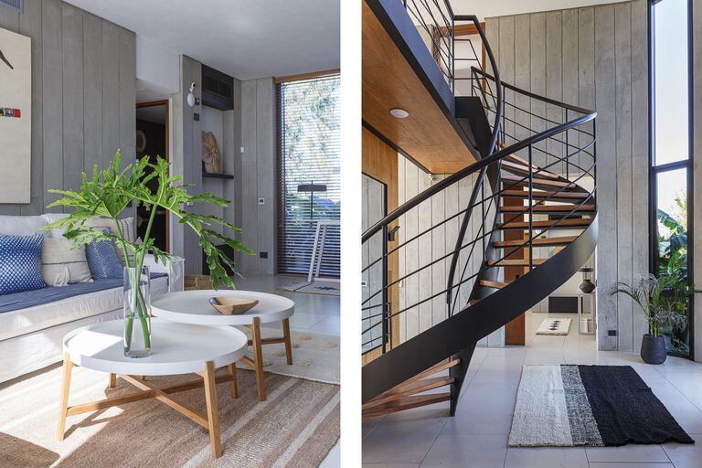 Fotos de una casa con escalera helicoidal de hierro pintado de negro y escalones de madera y alfombra de lana de oveja hecha a mano.