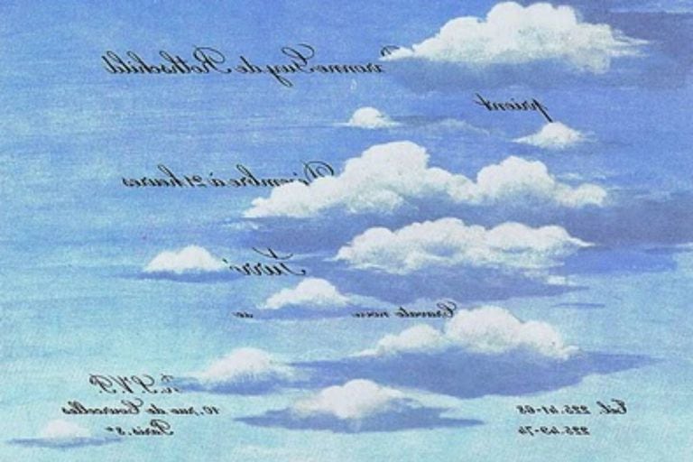 La invitación tenía un fondo de cielo con nubes al estilo de René Magritte y para leer lo que decía había que reflejar la tarjeta contra un espejo