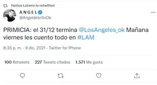 El mensaje de Ángel fue retuiteado por Yanina Latorre (Foto: Captura Twitter)