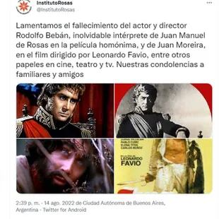 El Instituo Rosas recordó la interpretación de Juan Manuel de Rosas que hizo Rodolfo Bebán para el filme del mismo nombre, del año 1972