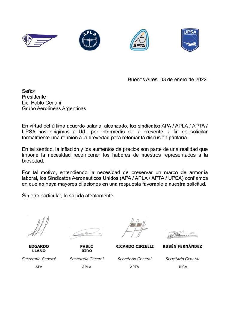 La carta enviada a Pablo Ceriani, presidente de Aerolíneas Argentinas
