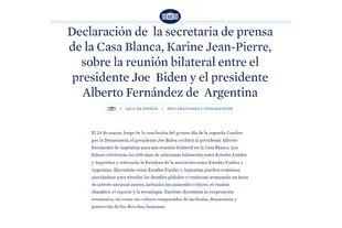 El comunicado de prensa con el que la Casa Blanca confirmó la reunión entre Alberto Fernández y Joe Biden.