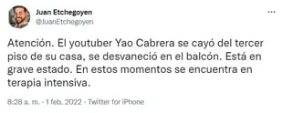 La información sobre el accidente de Yao Cabrera que brindó el periodista Juan Etchegoyen
