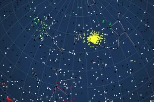 22 de abril de 2021, la lluvia de meteoritos Lyrid irradia datos CAMS (puntos amarillos) del cometa Thatcher de período largo