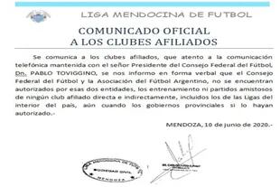 La Liga Mendocina de Fútbol les comunicó a sus clubes afiliados que, por decisión del Consejo Federal, están prohibidos los entrenamientos hasta que la AFA los apruebe.