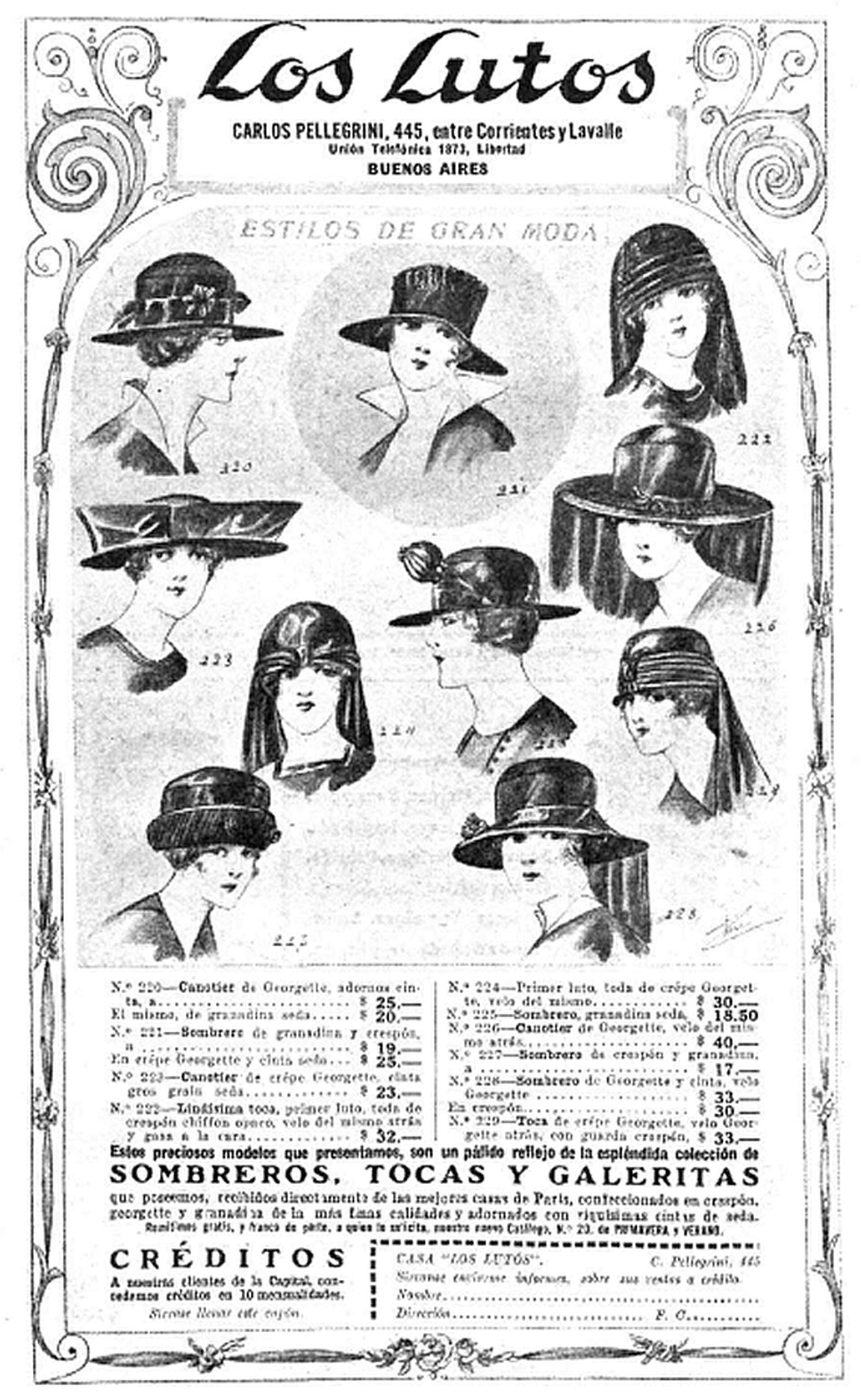 El local Los Lutos estaba ubicado en Carlos Pellegrini al 445, y vendía desde sombreros hasta tapados y vestidos importados de Francia