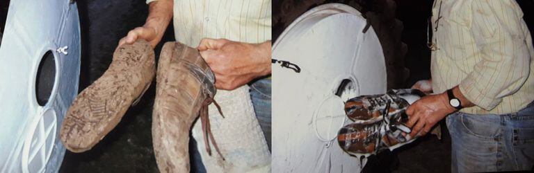 Carlos Sullivan muestra cómo queda la zapatilla después de meterla en el lavarropas que inventó en el tractor