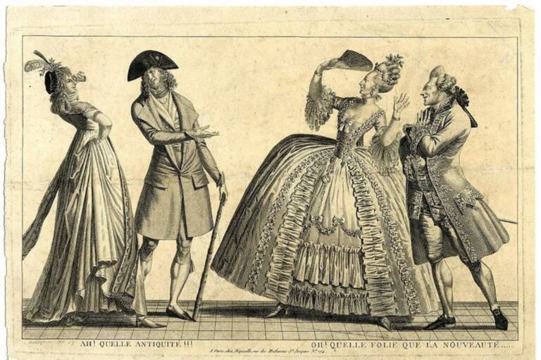 "¡Ah, qué antigüedad!", dicen los de la izquierda. "¡Oh, qué locura esa novedad!", dicen los de la derecha, en esta ilustración satírica de Alexis Chataignier (1797)