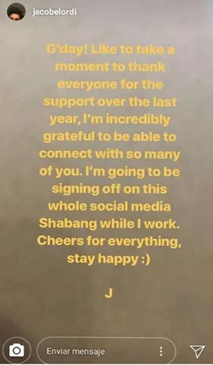 La story que Jacob subió a su Instagram anunciando que se alejaba por un tiempo de las redes