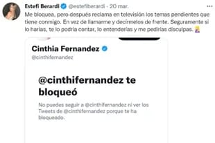 El peor final para una relación tuitera: Cinthia Fernández bloqueó a Estefi Berardi en esa red social, tras una serie de intercambios de mensajes