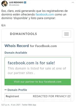 El hecho de que Facebook haya "desparecido de Internet" llevó a que un oportunista registró el nombre del dominio "facebook.com" y lo puso a la venta