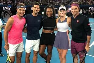 Figuras en el último Abierto de Australia, en enero pasado: Nadal, Djokovic, Serena Williams, Wozniacki y Federer.