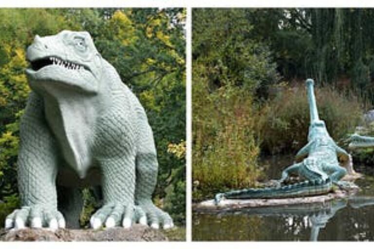 Dinosaurios del Palacio de Cristal de Londres, diseñados y esculpidos por Benjamin Waterhouse Hawkins bajo la supervisión científica de Sir Richard Owen
