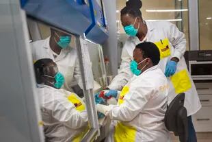 En esta imagen de archivo, Melva Mlambo (derecha) y Puseletso Lesofi se preparan para secuenciar muestras de la variante ómicron del coronavirus en el Centro de Investigación Ndlovu, en Elandsdoorn, Sudáfrica, el 8 de diciembre de 2021. 