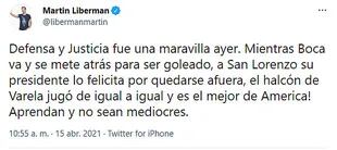 Martín Liberman felicitó a Defensa y Justica y cargó contra Boca y San Lorenzo