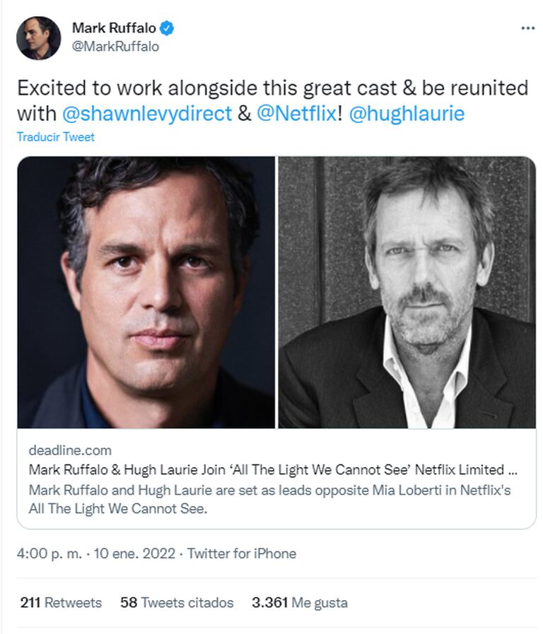 Mark Ruffalo celebró ser parte de la nueva producción de Netflix