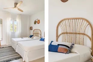 Ventilador de techo (Sklum), dúo de camas con respaldo en ratán (Tikamoon), alfombra (Aquitania, Menorca) y tapices bordados de Cerdeña (Artigianato Sardo).