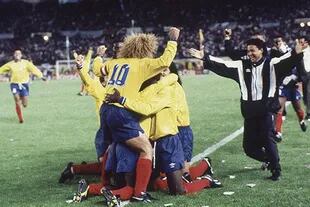 Carlos Valderrama en el festejo del histórico 5-0 de Colombia a la Argentina en 1993