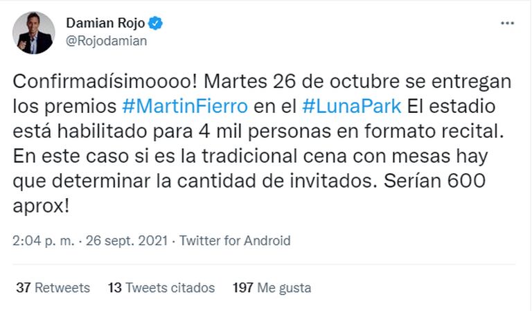 El periodista Damián Rojo confirmó la información sobre los Martín Fierro (Foto: Captura Twitter/@Rojodamian)
