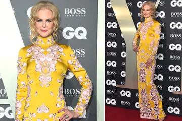 Para la gala de los GQ Men of the Year Awards, Nicole Kidman lució un diseño de Ralph and Russo en satén de seda amarillo mostaza ornamentado a mano con remolinos de crêpe de seda rosa pálido, recortes de tul y pedrería