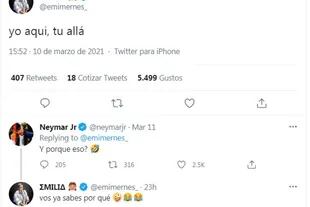 El ida y vuelta en Twitter de Emilia Mernes y Neymar