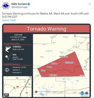 El NWS emitió una alerta de tornado para los pobladores de Beebe, Ward y Austin, Arkansas