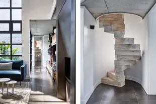 La escalera que lleva al espacio de trabajo es una espiral exenta hecha con fuertes bloques de madera.