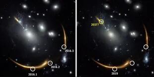 13-09-2021 La gravedad del cúmulo de galaxias MACS J0138 curva tanto el espacio que la luz de una galaxia detrás de él se inclina hacia nosotros de varias maneras diferentes. POLITICA INVESTIGACIÓN Y TECNOLOGÍA S. RODNEY ET AL.