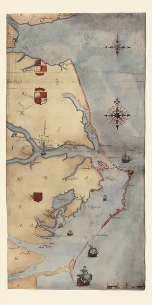 Una reproducción del mapa de Roanoke pintado con acuarela por John White