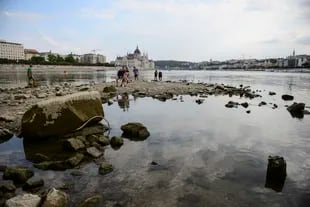 La gente toma fotos en el extremo sur de la Isla Margarita, que se puede ver debido al bajo nivel del agua del río Danubio, en Budapest, Hungría. (AP Photo/Anna Szilagyi, File)