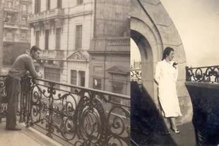 A la izquierda, Carlos Dassen, hijo de Claro Cornelio en el balcón de Alsina. Nótese el medallón central con las iniciales "C" y "D" del dueño de casa. Al lado, Gabriela Begué, esposa de Carlos, en la base de la torre mirador.