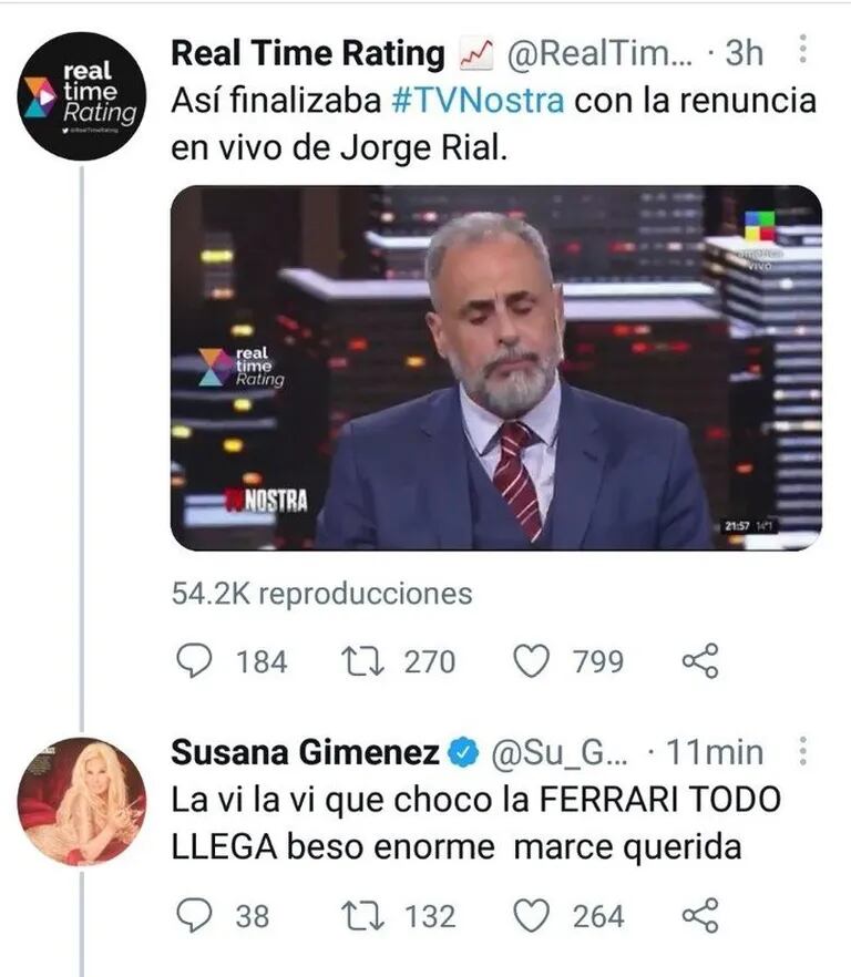 Susana Giménez's tweet against Jorge Rial on Twitter after finishing her cycle