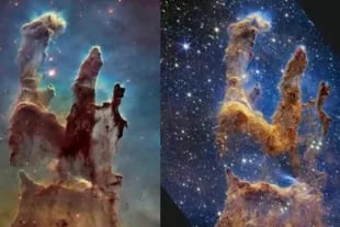 Hubble (izqda..) y Webb (dcha.): los detectores infrarrojos del nuevo telescopio pueden ver más allá del polvo de los pilares