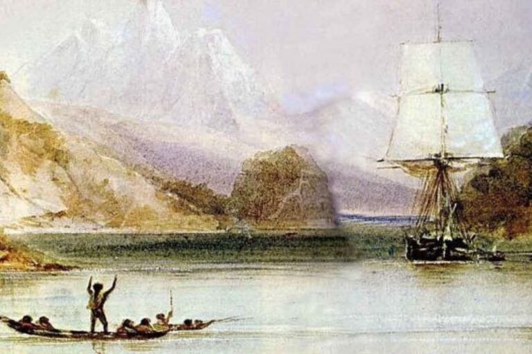 HMS Beagle en Tierra del Fuego, pintado por Conrad Martens durante el viaje (1831-1836), de "El origen ilustrado de las especies" de Charles Darwin