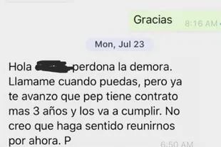 Una captura de la conversación por Whatsapp entre un emisario de la AFA y Pere Guardiola, hermano y representante de Pep
