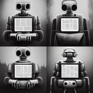 Cuatro imágenes creadas por Midjourney a partir de la orden "Bot de IA creando imágenes para una nota periodística"
