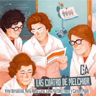 La cuatro de Melchior: Carmen Pujals, M. Adela Caría, Elena D. Martínez Fontes (de pie) e Irene M. Bernasconi (sentada)