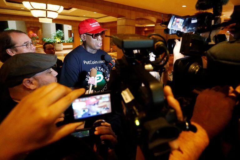 Former U.S. basketball star Dennis Rodman makes an appearance at Regent Hotel in Singapore, June 12, 2018. REUTERS/Feline Lim